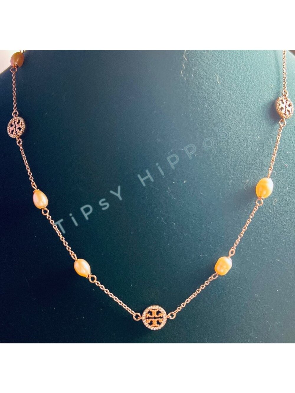 NEW!!  Tory Burch Rose Gold Miller Crystal Pave Logo and Pearl Necklace